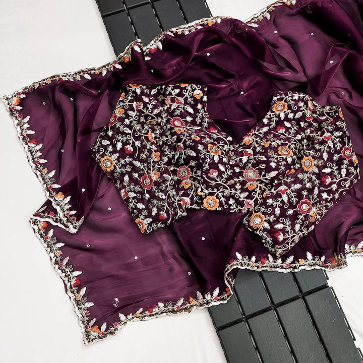 Dark Purple Soft Jimmy Choo with Embroidery Multi Treads saree