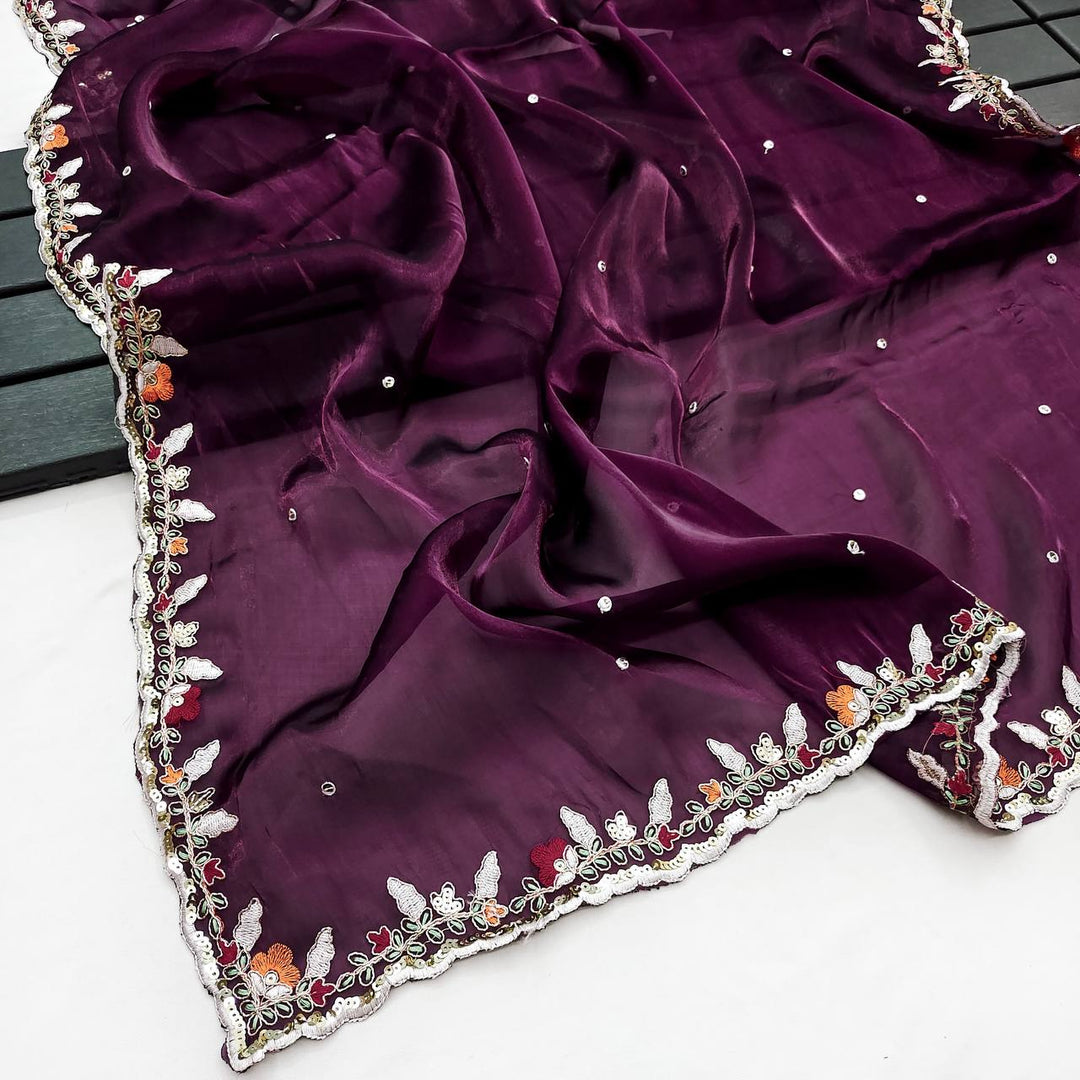 Dark Purple Soft Jimmy Choo with Embroidery Multi Treads saree