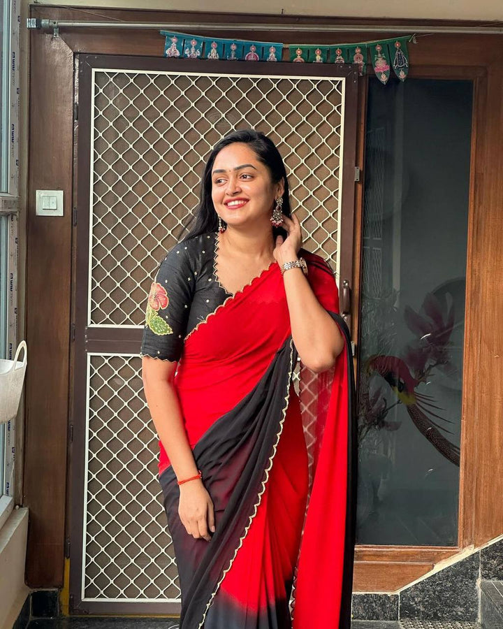 Bright Red With Black Two Tone Shaded Elegant saree