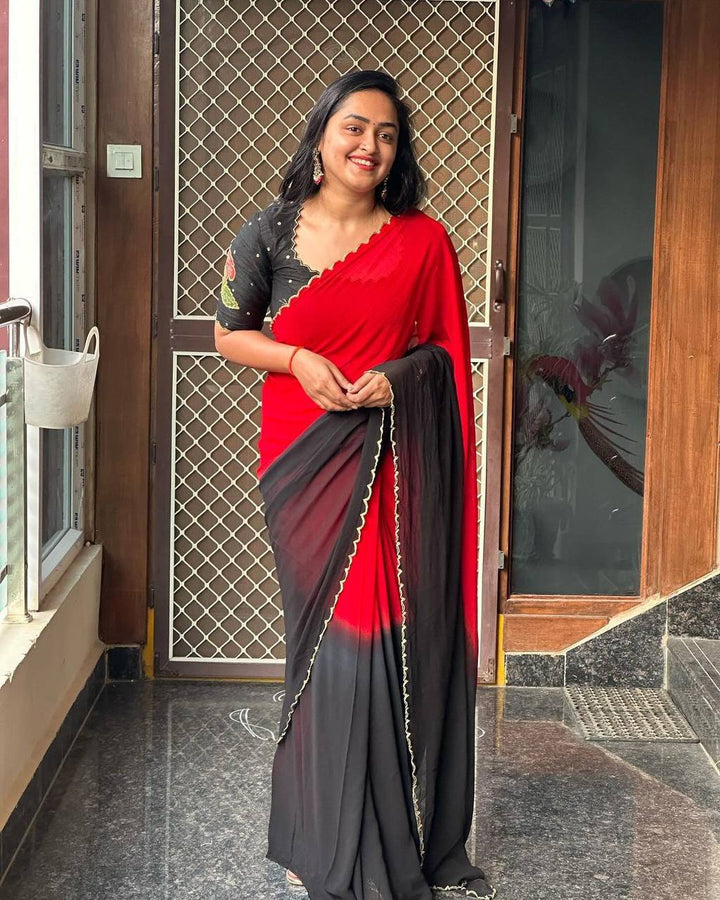 Bright Red With Black Two Tone Shaded Elegant saree