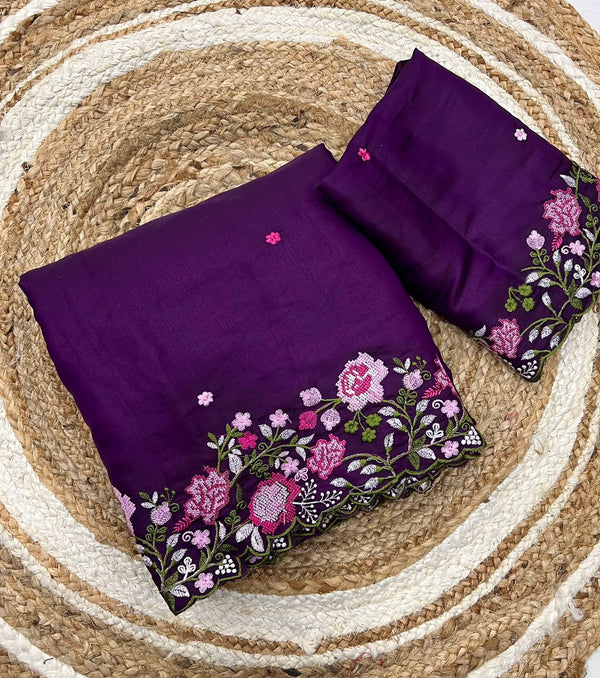 Deep Violet Korean Tusser Silk with Multi Color Embroidery Cutwork Border Saree.