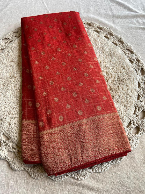 Dark Red Soft Banarasi Khadi Zari Crushed Silk Saree