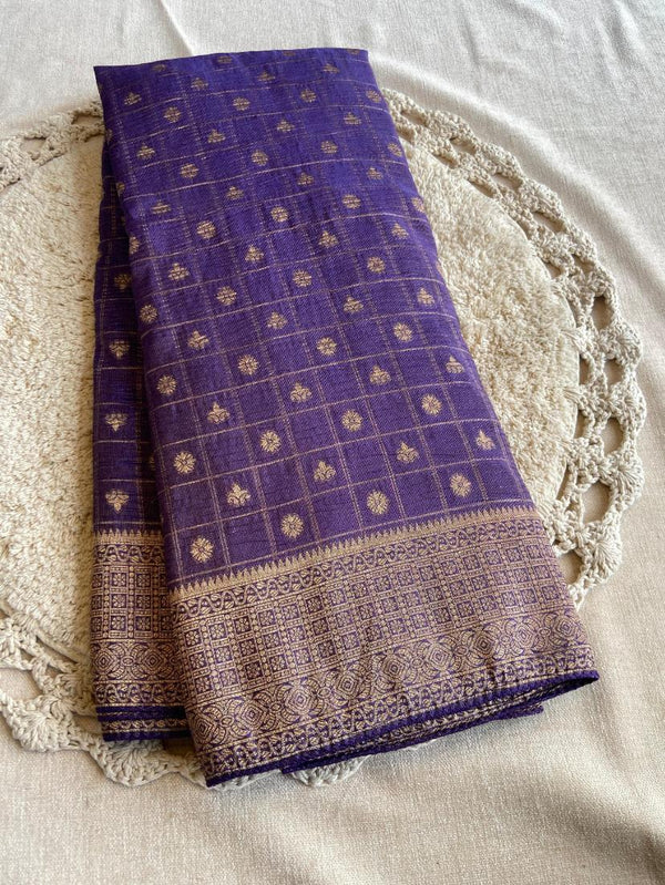 Grape Purple Soft Banarasi Khadi Zari Crushed Silk Saree