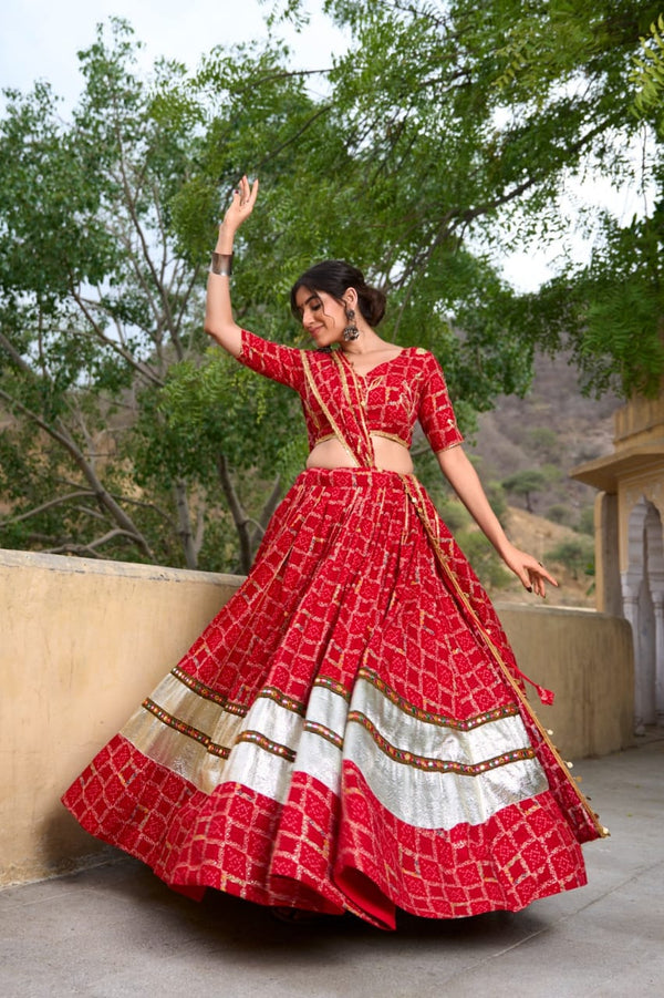 Traditional Red Rayon Fabric Printed with Gota Patti lehenga choli