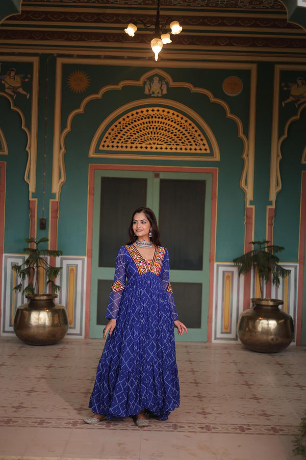 Royal Blue Bandhani Print work with Kutchi patch work Gown.