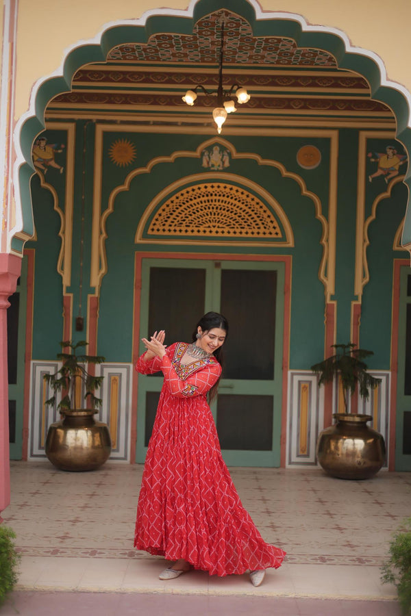 Persian Red Bandhani Print work with Kutchi patch work Gown.