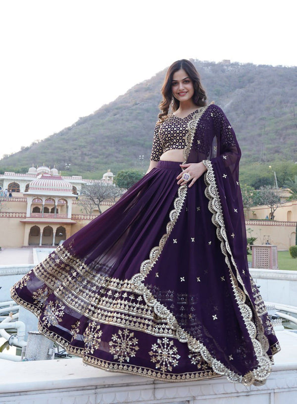 Deep Violet Georgette Flared Lehenga with Sequins and embroidered Work.