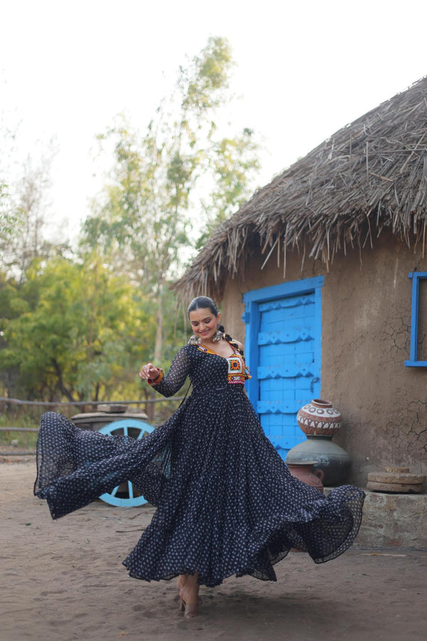 Bold Balck Bandhani Print with Kutchi patch work in Faux Georgette gown.