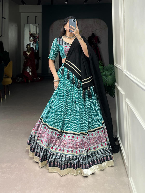 Light sea Green Bandhej and Ajrakh prints Lehenga Choli.