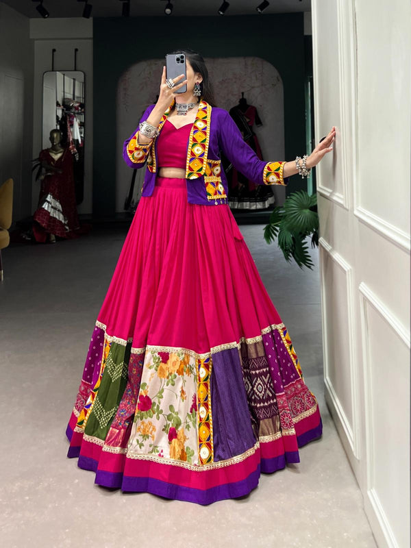 Deep Pink Printed And Gamthi Patch Work Lehenga Choli