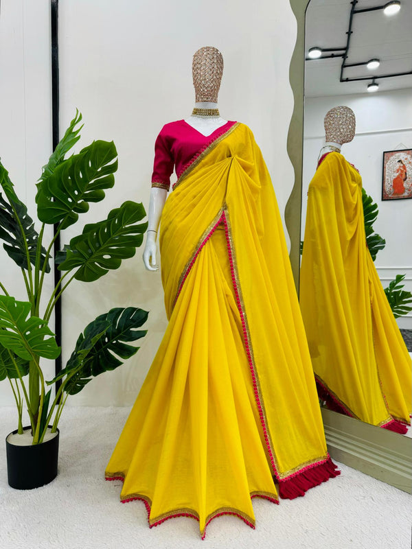 Golden Yellow Mul Cotton with Fancy Lace Saree.