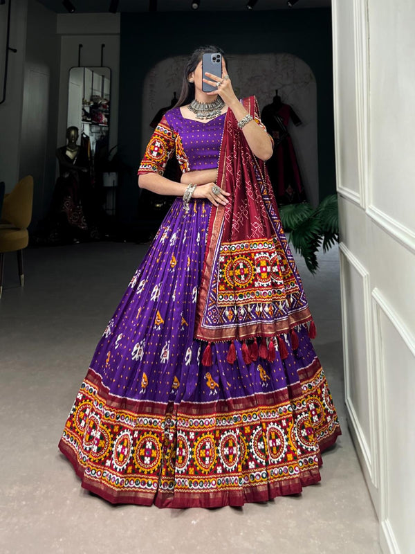 Wram Purple Patola Print Tussar Silk Lehenga Choli.