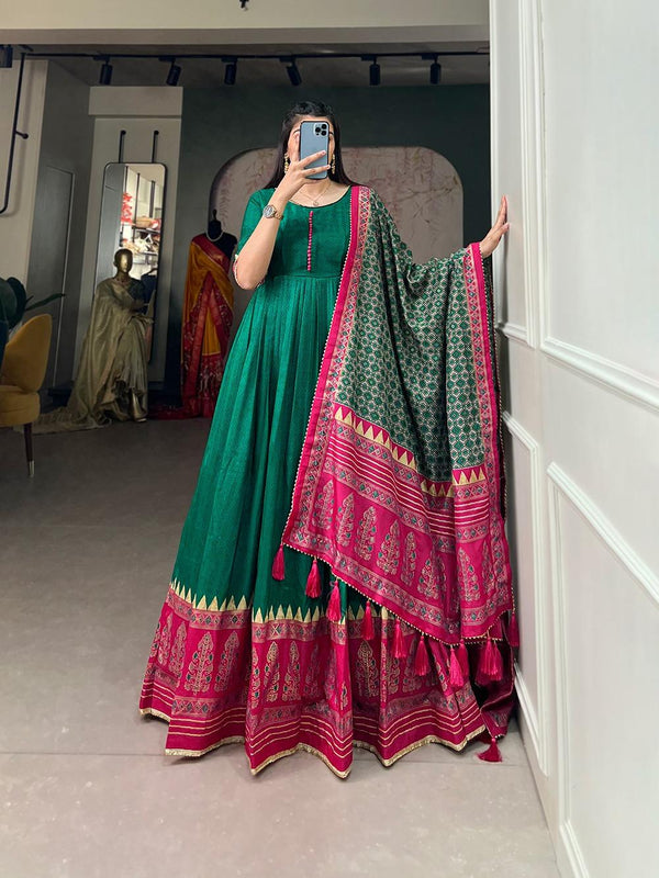 Persian Green Foil Print Tussar Silk Gown.