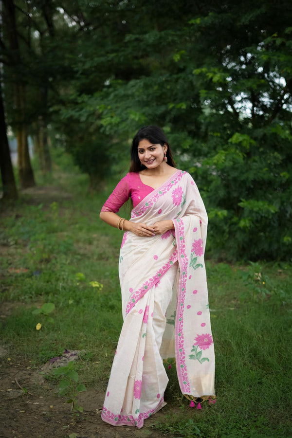 Dark Pink With White Classic Jamdani Type Muga Cotton saree.