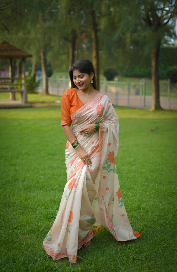 Sunrise Orange With White Classic Jamdani Type Muga Cotton saree.