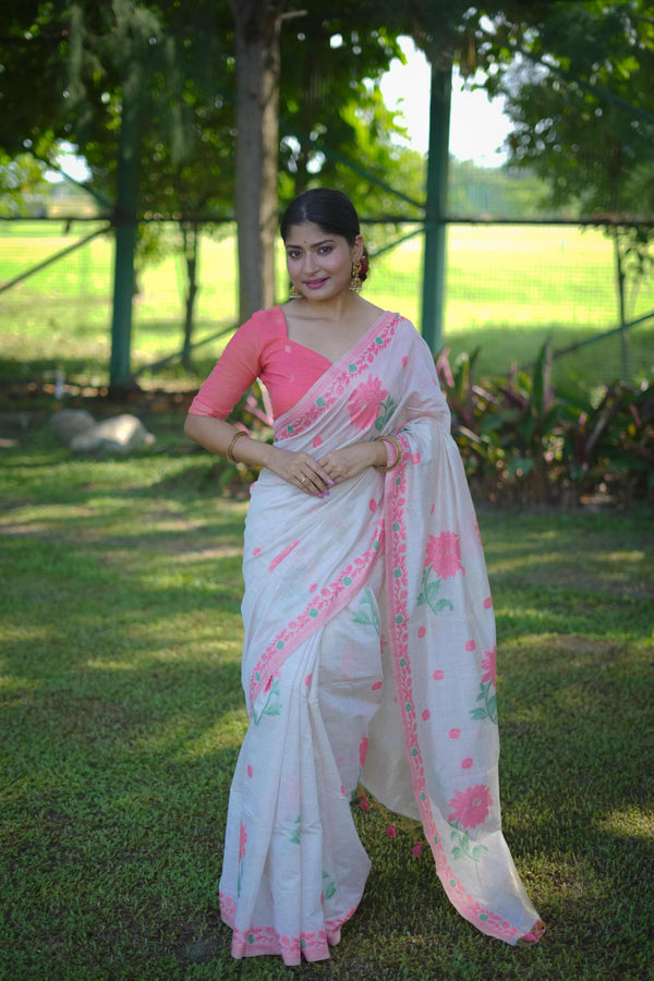 Pearl White With Pink Classic Jamdani Type Muga Cotton saree.