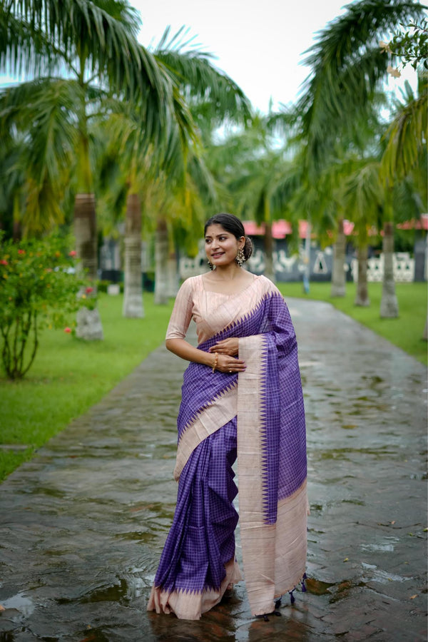 Royal Purple Checks Printed Tussar Silk Saree.