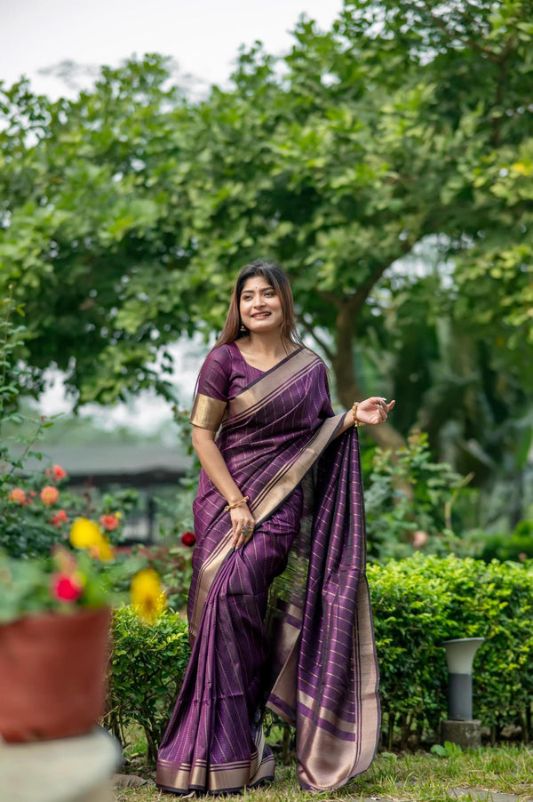 Grape Purple Zari Lining Pattern Banarasi Raw Silk Saree.