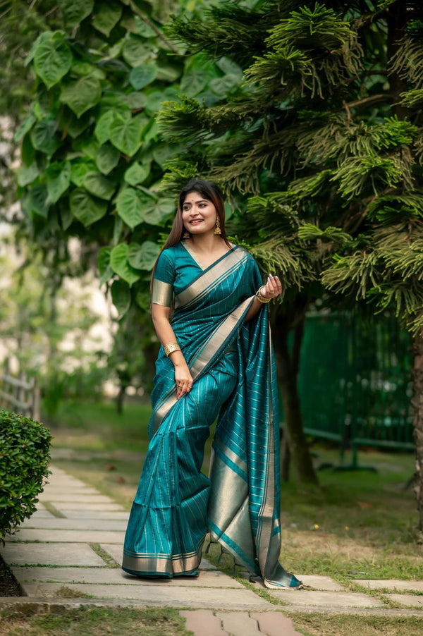 Bluish Cyan Zari Lining Pattern Banarasi Raw Silk Saree.