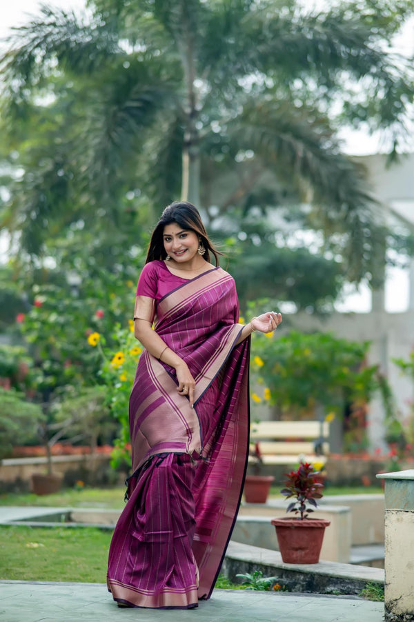 Red Violet Zari Lining Pattern Banarasi Raw Silk Saree.