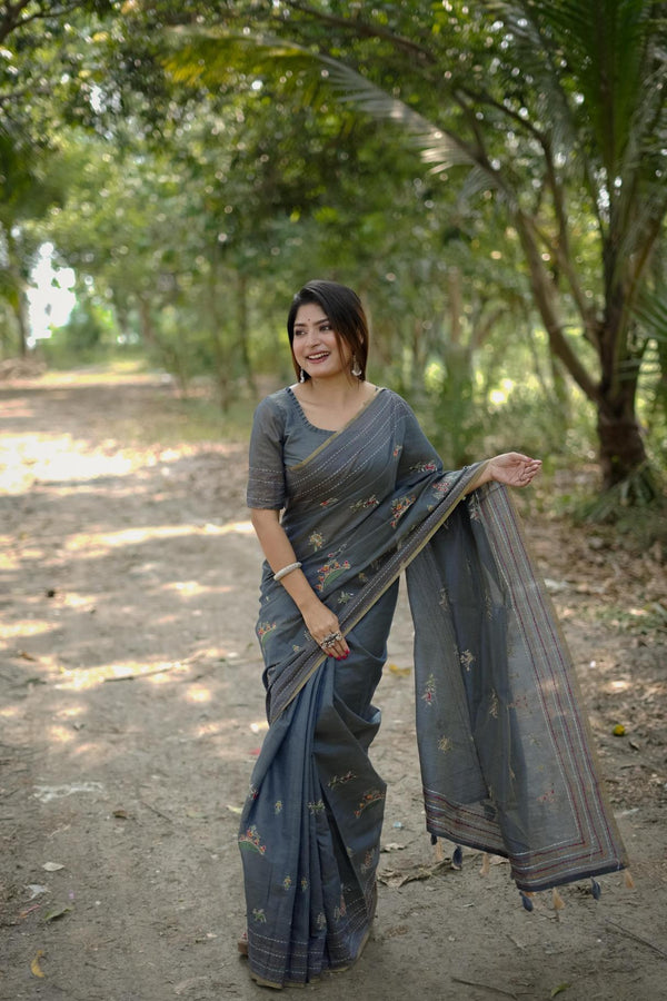 Grey Khadi Tussar Silk Saree.