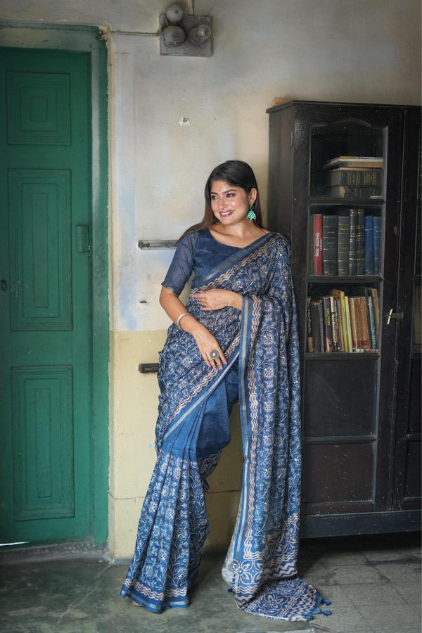 Dark Blue Batik printed Tussar Silk Saree.