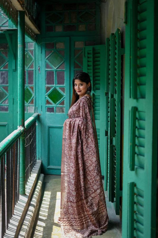 Chocolate Brown Batik printed Tussar Silk Saree.