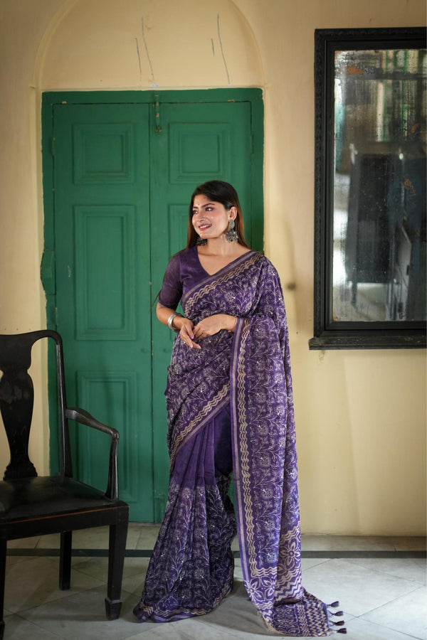 Plum Purple Batik printed Tussar Silk Saree.