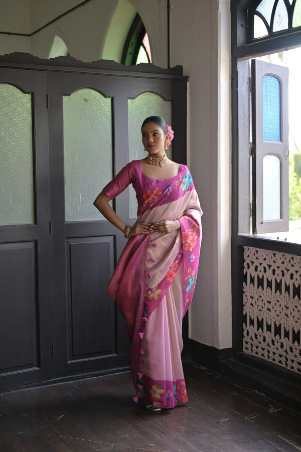 Purplish Pink Flower Printed Silk Saree.