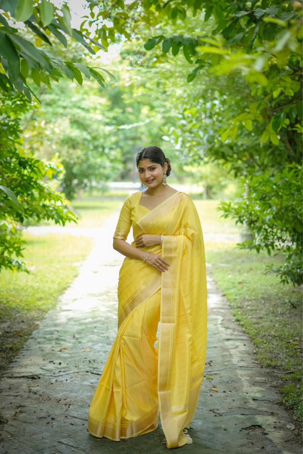 Saffron Yellow Banarasi Raw Silk Saree