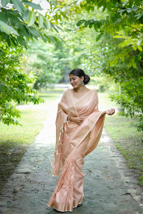 Pastel Peach Banarasi Raw Silk Saree