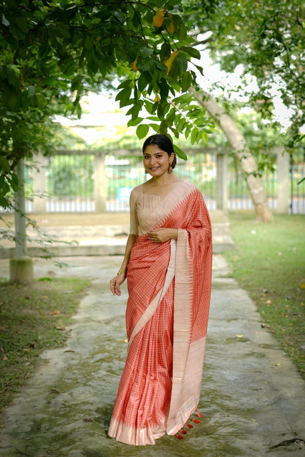 Dark Peach Checks Printed Tussar Silk Saree.