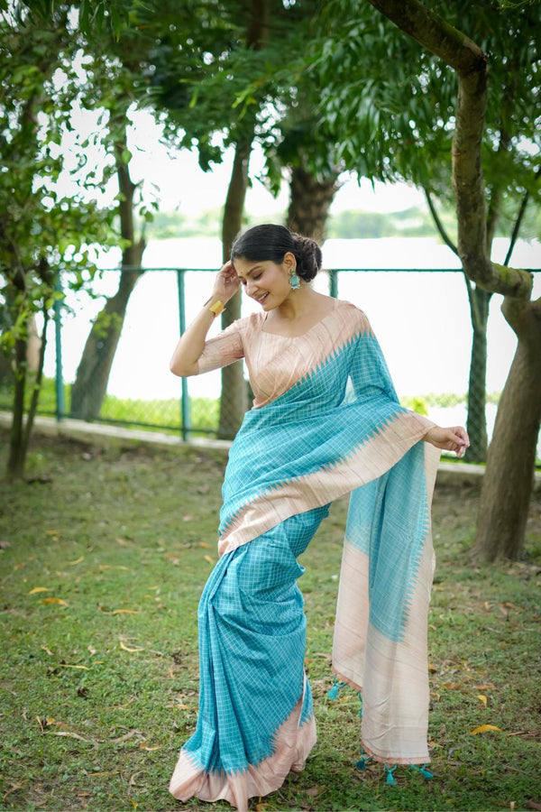 Sky Blue Checks Printed Tussar Silk Saree.