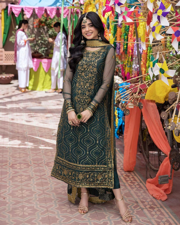 Dark Green Embroidery Sequence Work kurti set