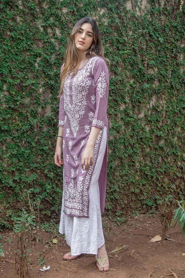 Faded Purple Chikan Kari Kurti Set