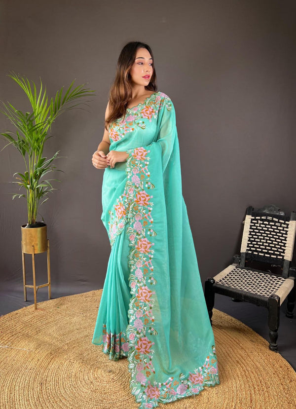 Seafoam Blue Soft Glossy Silk Saree.