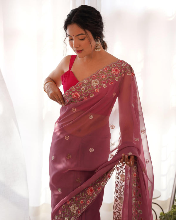 Old Pink Designer Floral Embroidery Work Saree.