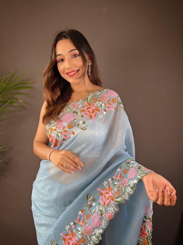 Light Bluish grey Soft Glossy Silk Saree.