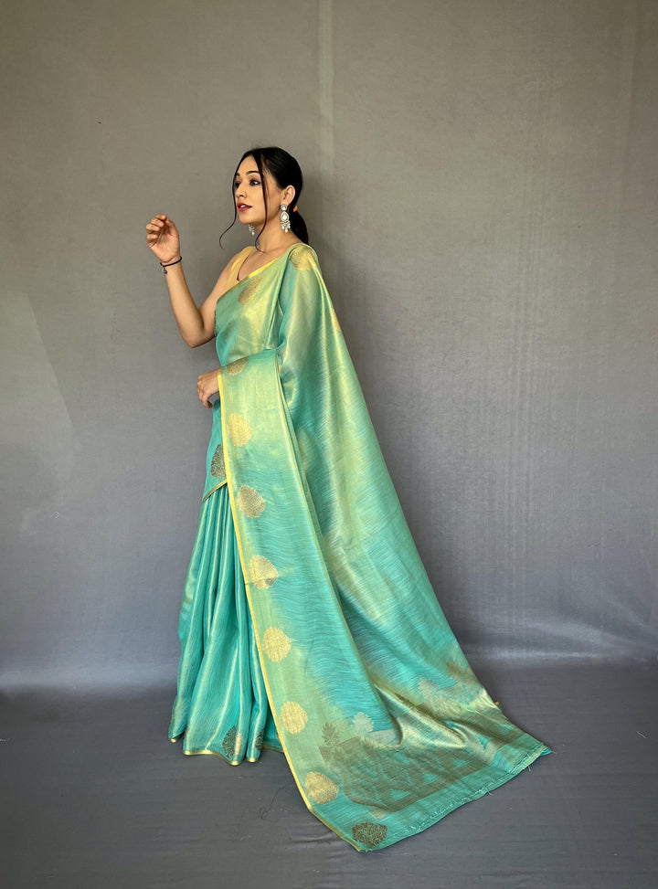 Cyan Blue Zari Weaving Tissue Silk Saree - PAHRAVA