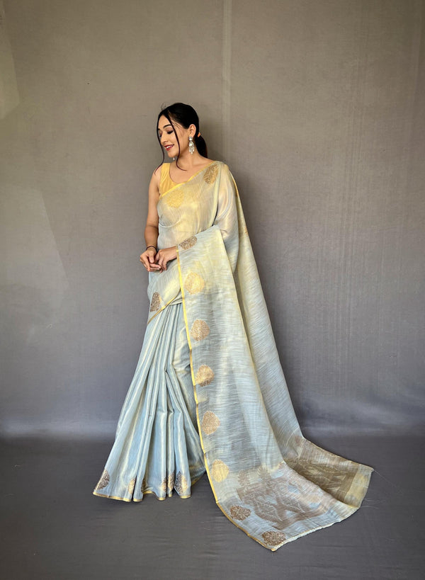 Pearl Blue Zari Weaving Tissue Silk Saree - PAHRAVA