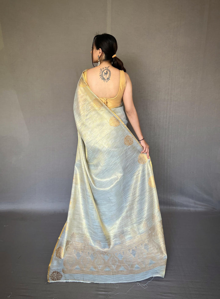 Pearl Blue Zari Weaving Tissue Silk Saree - PAHRAVA