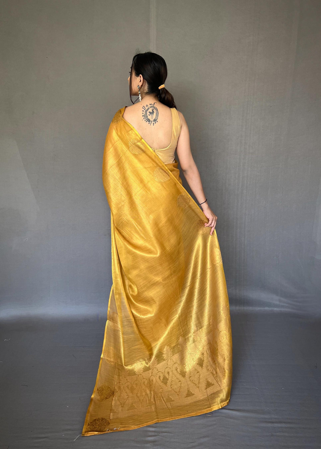 Bright Yellow Zari Weaving Tissue Silk Saree - PAHRAVA