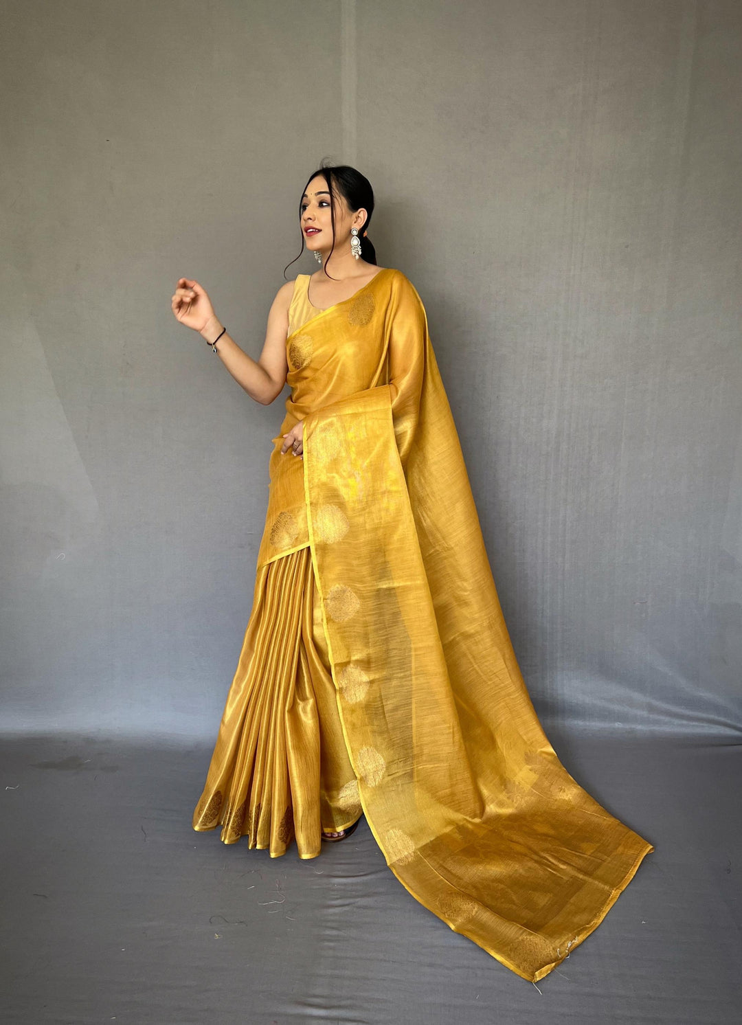 Bright Yellow Zari Weaving Tissue Silk Saree - PAHRAVA