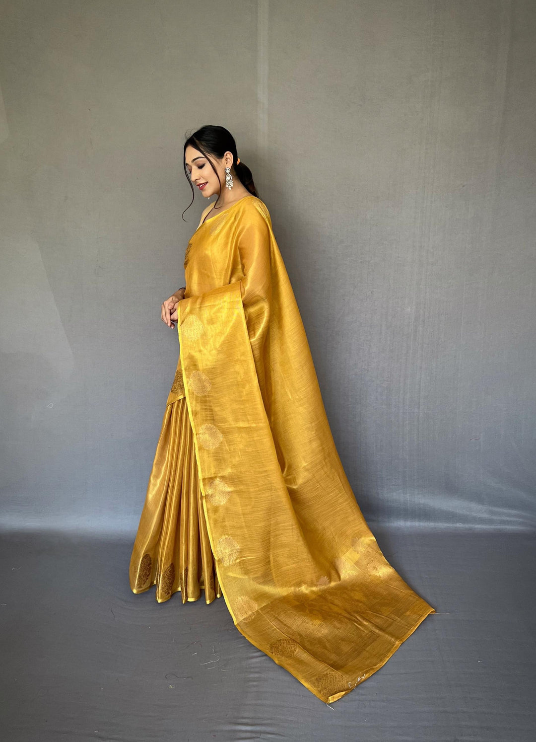 Bright Yellow Zari Weaving Tissue Silk Saree - PAHRAVA