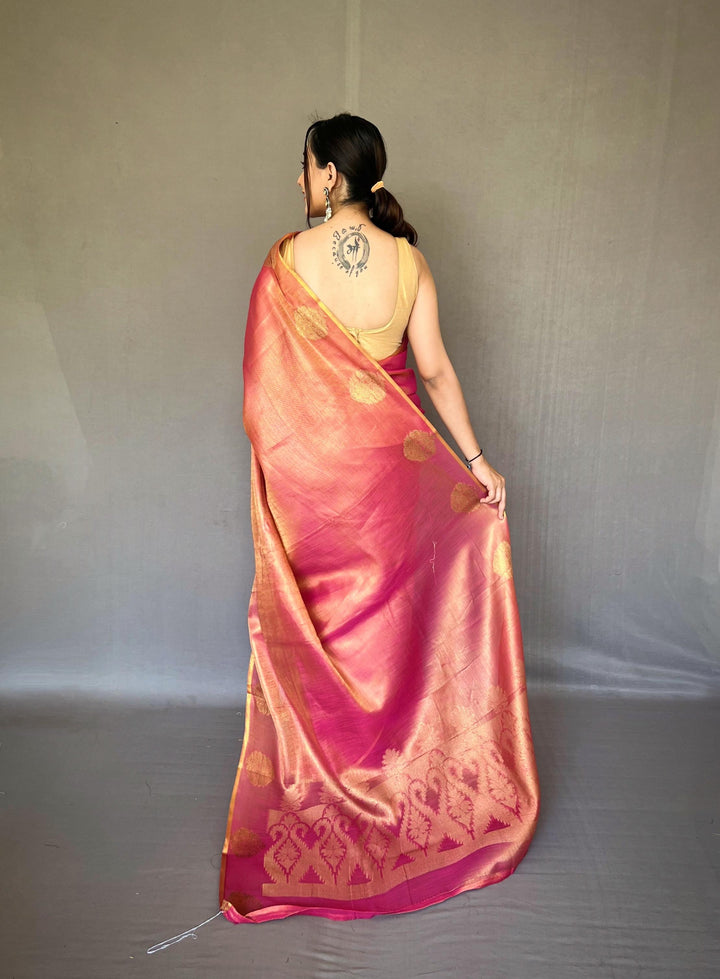 Raspberry Pink Zari Weaving Tissue Silk Saree - PAHRAVA