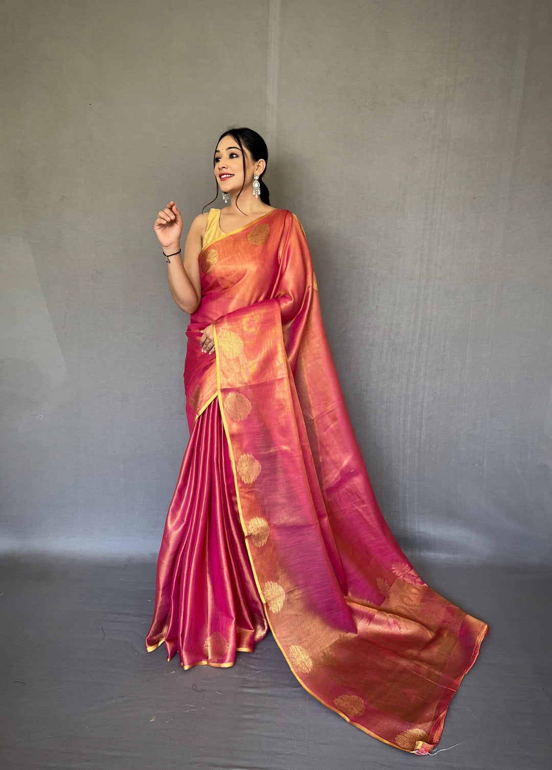 Raspberry Pink Zari Weaving Tissue Silk Saree - PAHRAVA