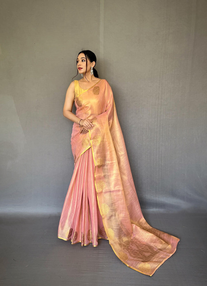 Light Pink Zari Weaving Tissue Silk Saree - PAHRAVA