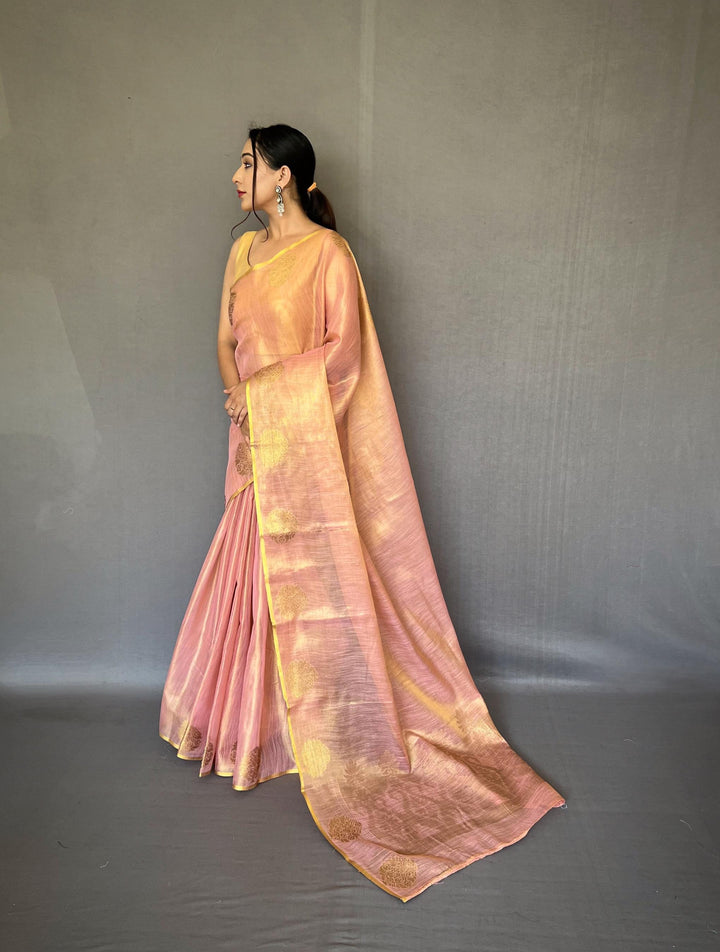 Light Pink Zari Weaving Tissue Silk Saree - PAHRAVA