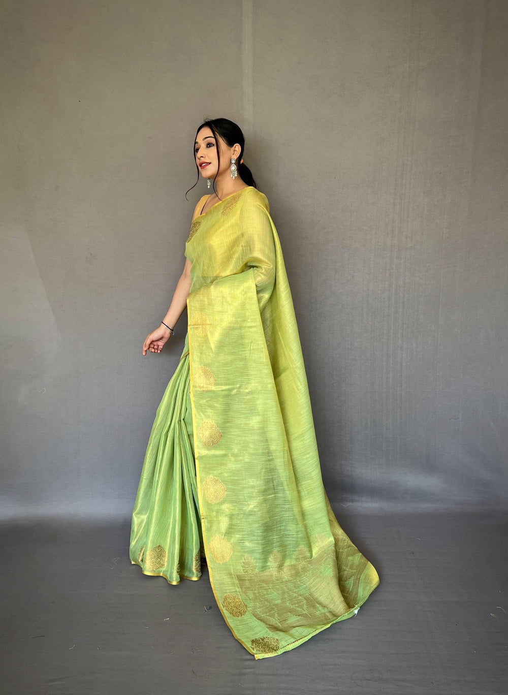 Pistachio Green Zari Weaving Tissue Silk Saree - PAHRAVA