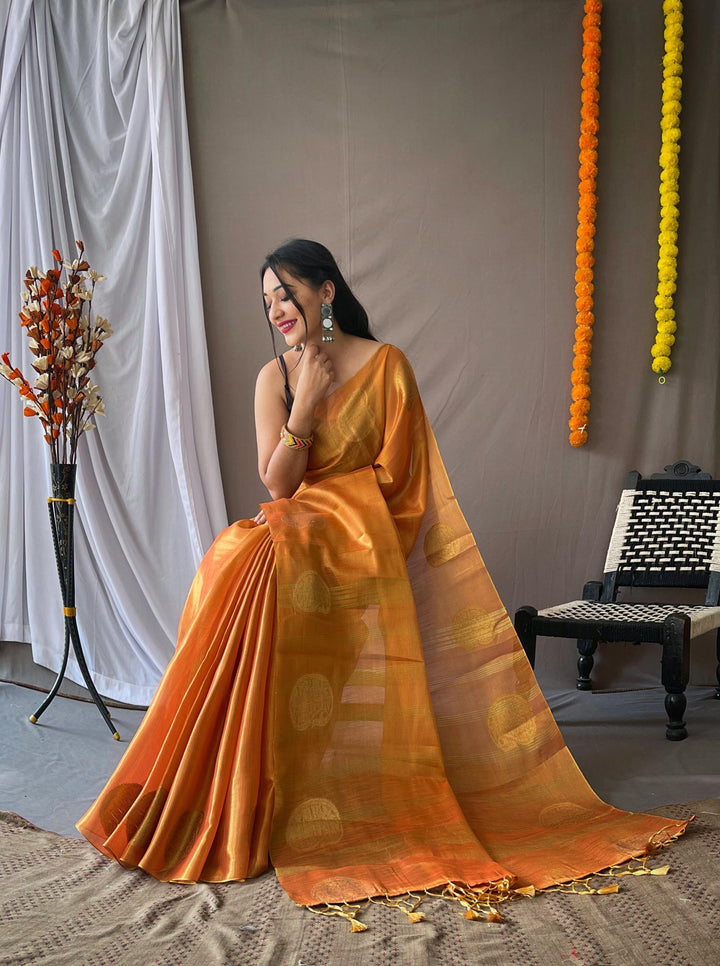 Rust Orange Tissue Silk Saree - PAHRAVA